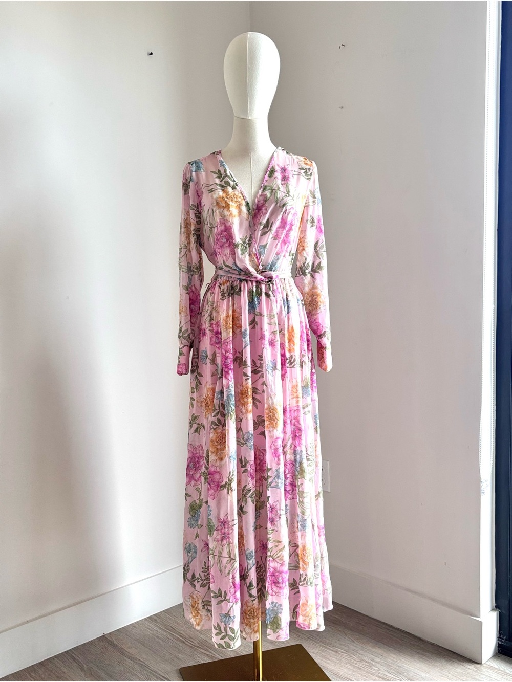 Alexa B Nites Pink Floral Chiffon Long Sleeve Belted Maxi Dress Sz 8